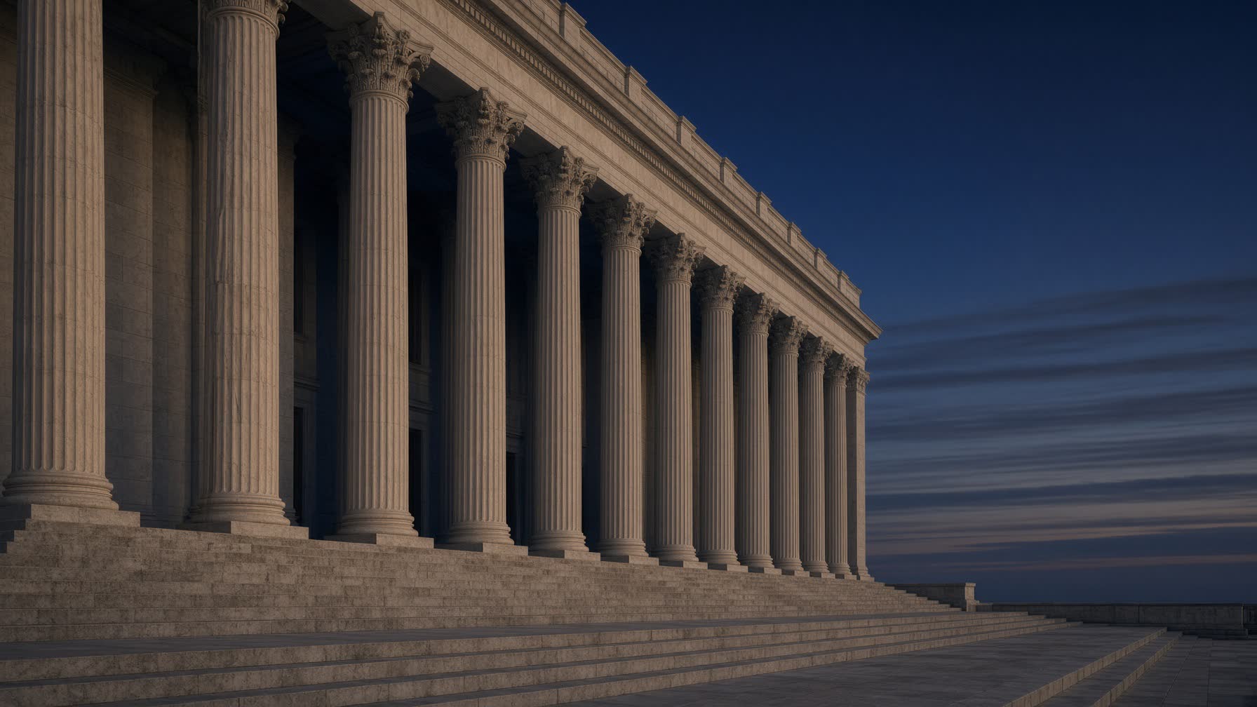 Neoclassical colonnade at dusk